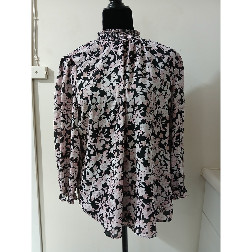 Adrienne Vittadini Womens Black Pink Floral Mock Neck Long Sleeve Blouse Size L